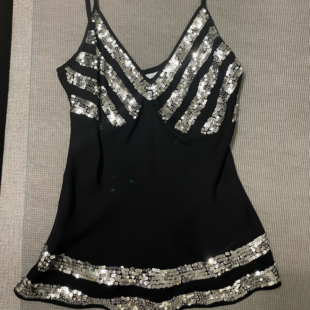 Bloomingdale’s Aqua black silk sequined spaghetti strap top, size XS
